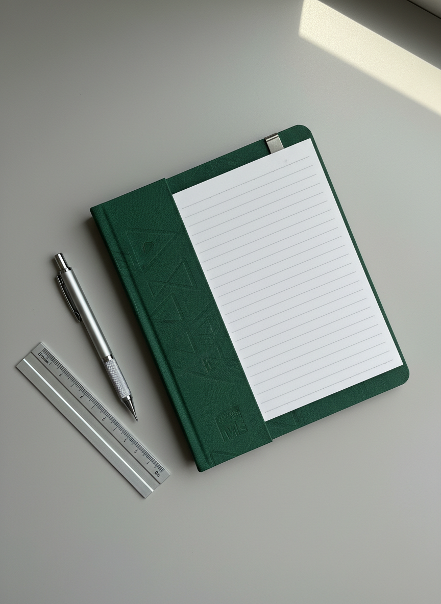 A close-up photographic scene of a newly purchased stationery set on a smooth, light gray desk surface, featuring a high-quality notebook with a textured cover, a precise mechanical pencil, and a compact ruler arranged in an intentional but natural layout. The notebook is slightly open to reveal clean, lined pages with no writing. Morning daylight from a nearby window softly grazes the objects from the right, creating fine highlights on metal clips and subtle shadows along embossed edges. Shot from directly above in a flat-lay style with sharp focus throughout, the composition feels clean and organized, reflecting a professional, review-oriented mindset. The atmosphere is quiet and contemplative, suitable for a blog post evaluating usability, paper feel, and design of practical everyday items bought out of curiosity.