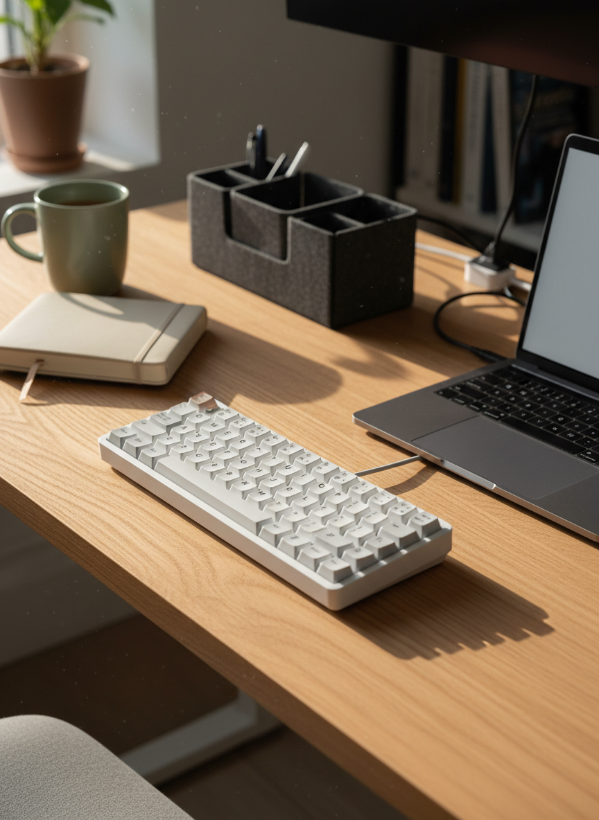 A compact home office setup where a recently purchased productivity item is being demonstrated, such as a wireless keyboard or desk organizer, arranged on a matte-finished wooden desk beside a slim laptop. Cables are neatly routed, and small personal touches like a closed notebook and a muted-color mug are present, all carefully positioned to avoid any human presence. Late afternoon natural light enters from the left, casting long, soft shadows and a gentle warmth across the scene. The image is captured in photographic realism from a slightly elevated, three-quarter angle, using a shallow depth of field so the featured product is razor sharp and surrounding objects subtly blurred. The mood is focused and efficient, conveying the feel of a serious, professional product review environment where tools are objectively tested during actual work.