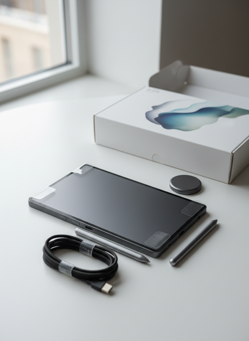 A single featured product freshly unboxed on a tidy white tabletop: a sleek, modern electronic device with a subtle metallic finish, protective films partially peeled back, and accessories laid out around it in an orderly manner. The original packaging box, opened and slightly pushed back, shows only abstract color shapes without readable text or logos. Diffused overcast window light from the side casts soft, accurate shadows that reveal fine details like ports, buttons, and surface texture. Photographic realism with a slightly elevated angle and rule-of-thirds composition draws attention to the main device while keeping the scene minimal and professional. The atmosphere suggests careful first impressions for a detailed review, emphasizing authenticity and practical evaluation rather than advertising gloss.