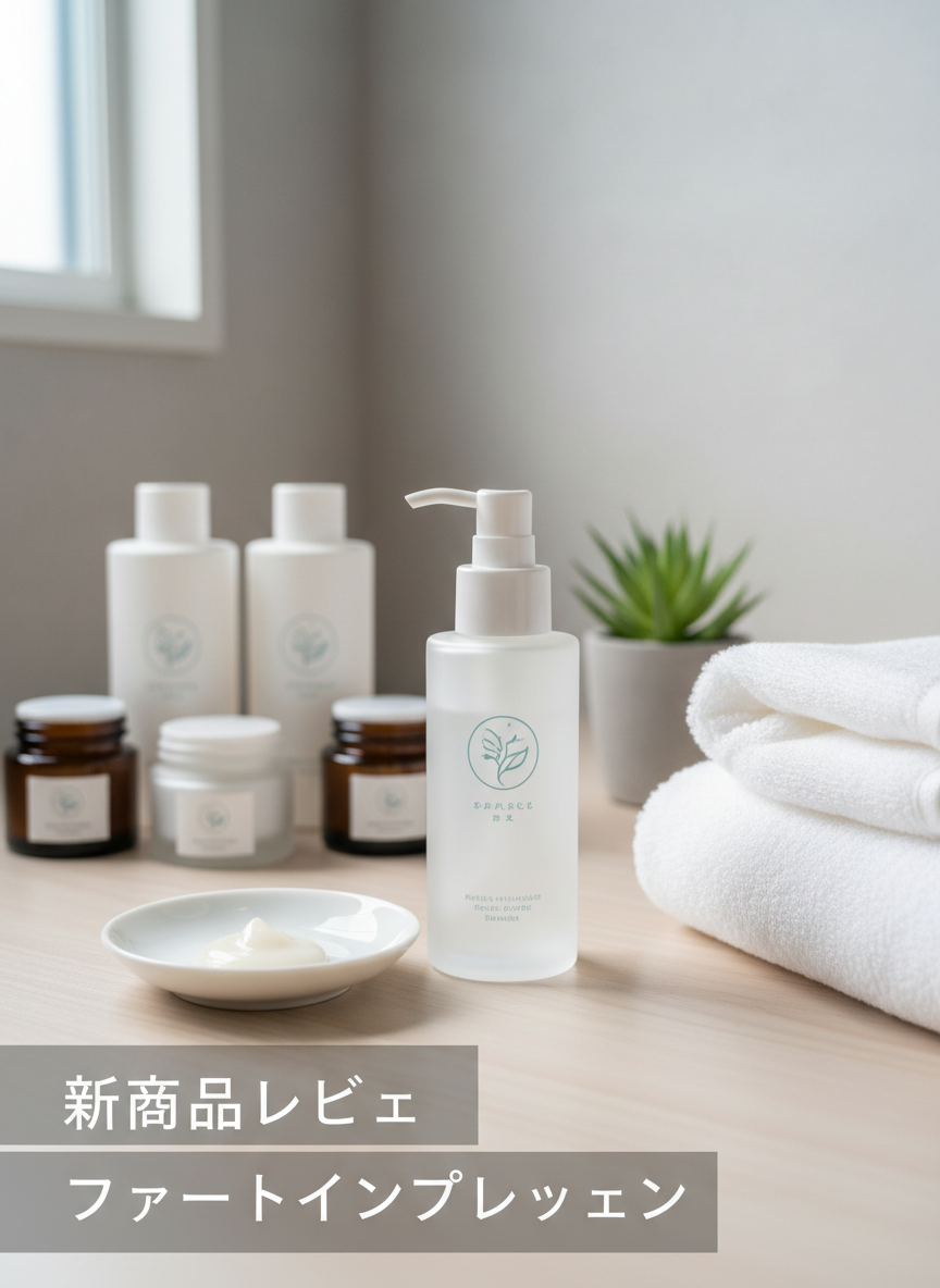 A bathroom shelf or vanity top featuring a newly purchased skincare or personal care item, such as a pump bottle or compact container, with a small amount of product dispensed on a clean ceramic dish nearby to show texture and color. The surrounding space includes neatly arranged, label-abstracted bottles and folded white towels, creating a hygienic, organized setting. Bright, diffused overhead lighting combines with soft window light to produce clear, even illumination, avoiding harsh contrast while revealing the gloss, translucence, or creaminess of the product. The photograph is shot at eye level with a centered composition and moderate depth of field, keeping most elements in focus. The tone is clinical yet approachable, ideal for a professional Japanese review blog discussing first impressions, scent, and usability of newly tried items.