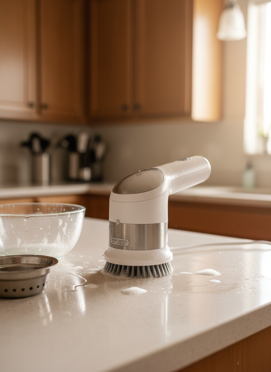 A well-used kitchen counter scene featuring a newly tested household product in action, such as a small appliance or cleaning tool, placed on a smooth, light-colored countertop with water droplets and subtle splashes around it to show real-world use. The background includes blurred hints of cabinets and neatly arranged utensils, all devoid of people. Warm indoor ceiling lighting mixes with faint natural daylight from a distant window, creating realistic highlights on stainless steel, glass, and plastic surfaces. Photographic realism from a slightly low angle emphasizes the product’s mechanism and build quality. The mood is practical and professional, capturing the honest feel of an item being genuinely tried at home for a review rather than staged for an advertisement, supporting detailed commentary about performance and usability.